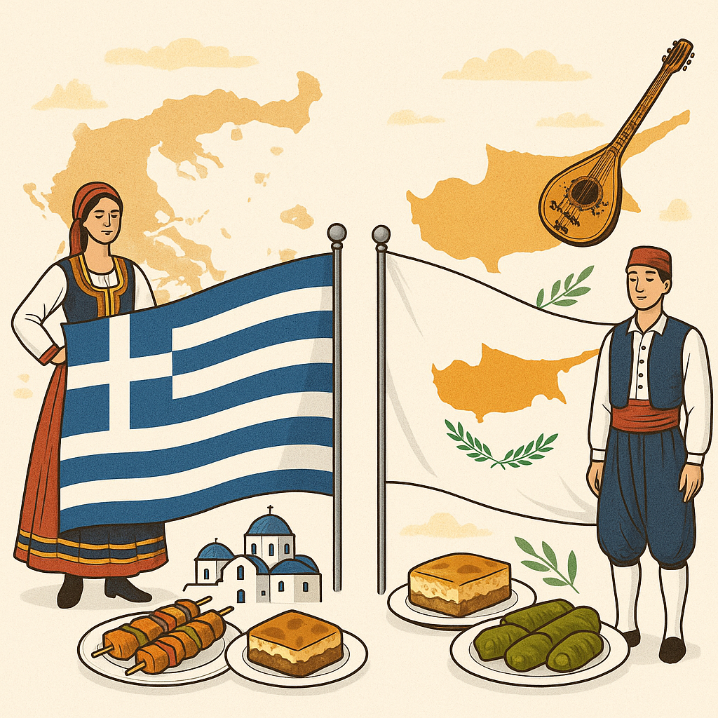 Greek and Cypriot flags with traditional outfits and food