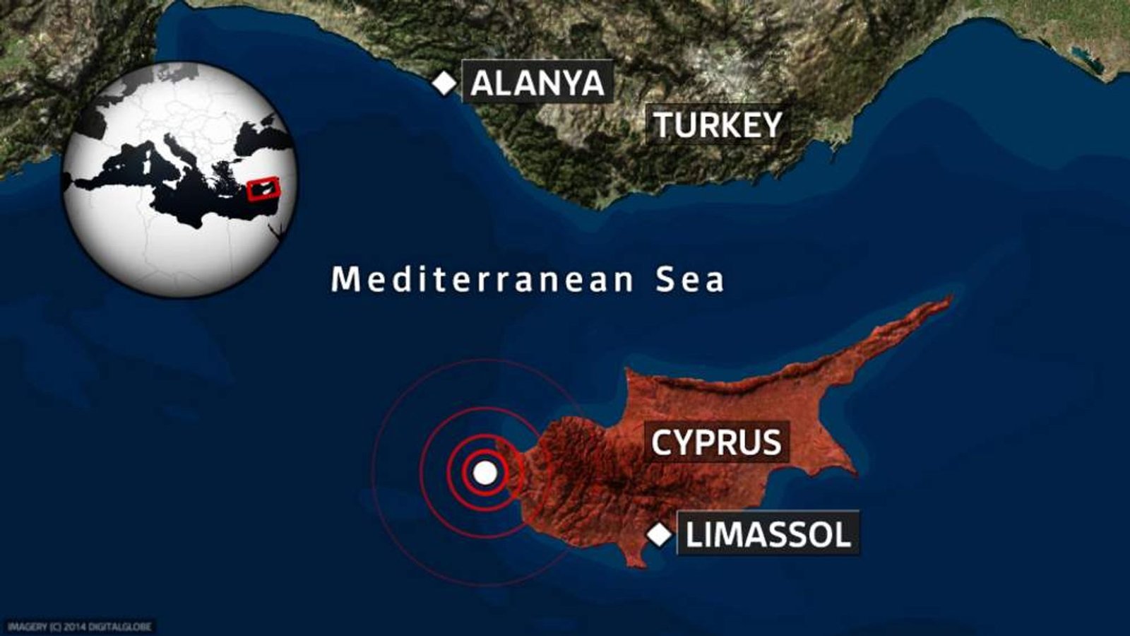 Map of Cyprus showing recent earthquake activity with visible fault lines extending toward southern Turkey.
