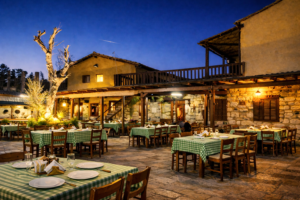 Traditional Cypriot taverna courtyard at Taverna tou Theodosi in Pano Deftera near Nicosia, set for evening dining with warm lights and stone architecture