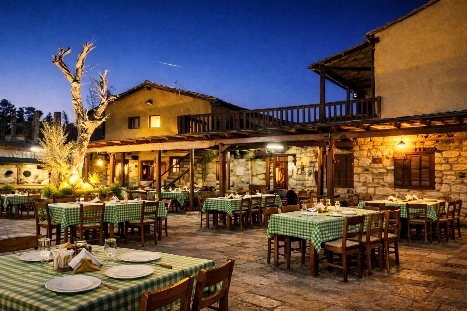 Traditional Cypriot taverna courtyard at Taverna tou Theodosi in Pano Deftera near Nicosia, set for evening dining with warm lights and stone architecture