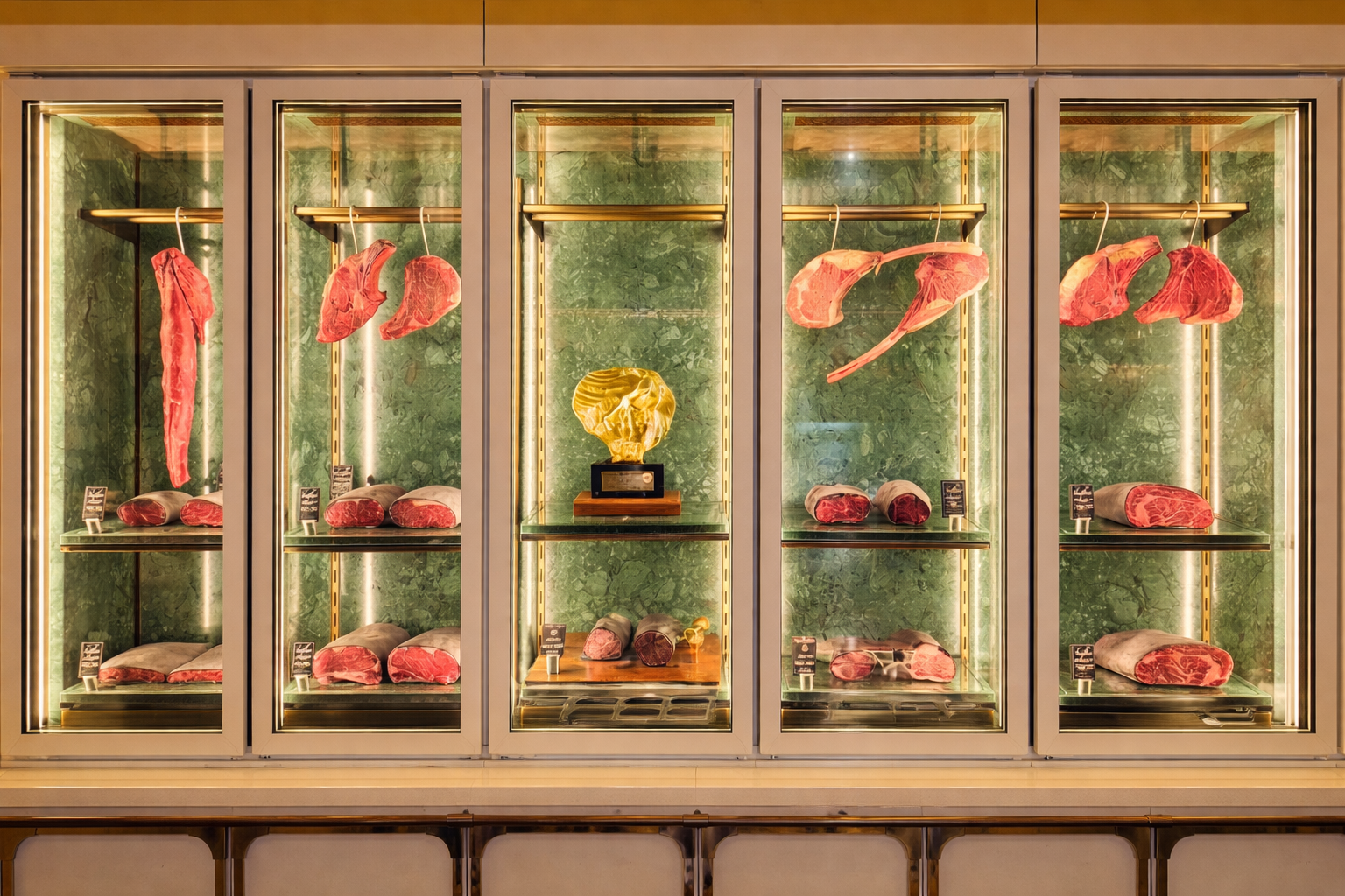 Dry-aged beef display at Beefbar Limassol, showcasing premium steak cuts inside Amara Hotel