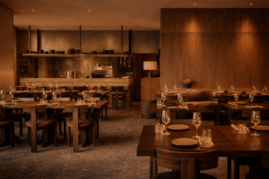 Modern minimalist restaurant interior with wooden tables and open kitchen under warm ambient lighting