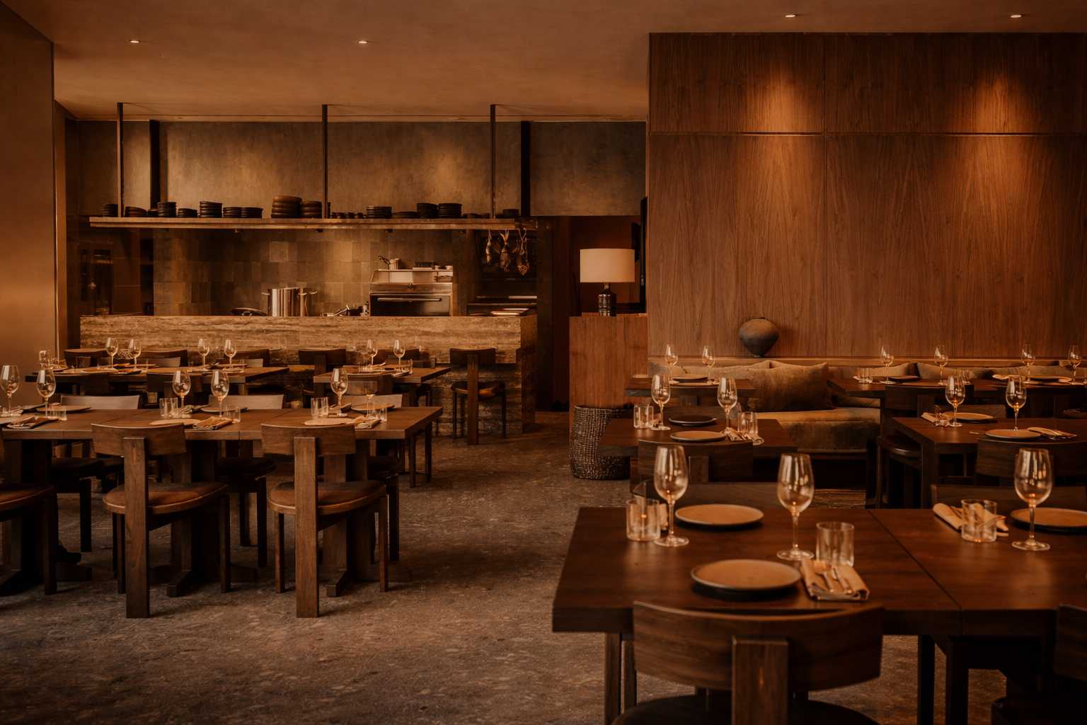 Modern minimalist restaurant interior with wooden tables and open kitchen under warm ambient lighting