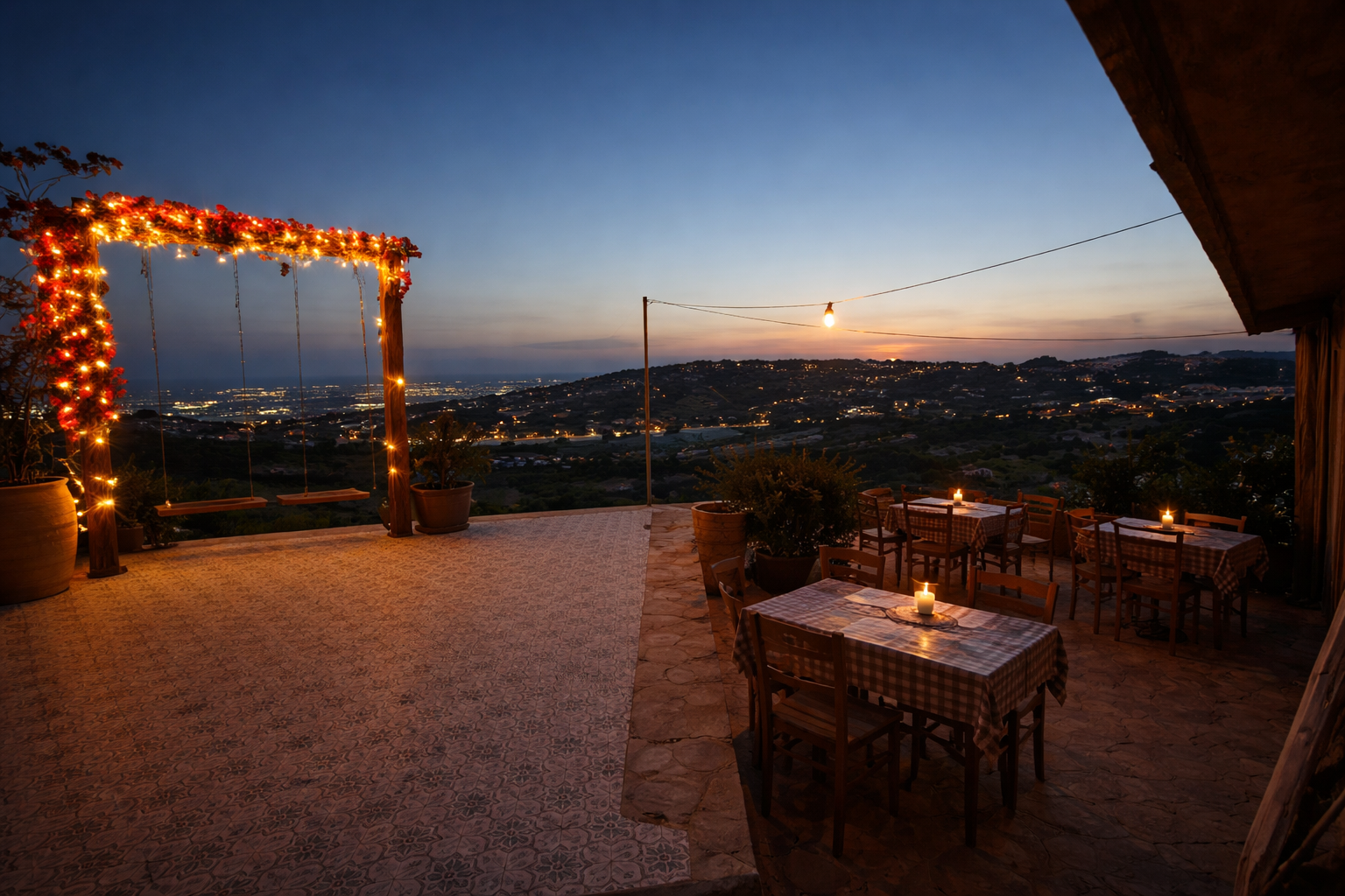 Taverna Agios Epiktitos terrace overlooking Limassol at sunset with panoramic city and Mediterranean sea view